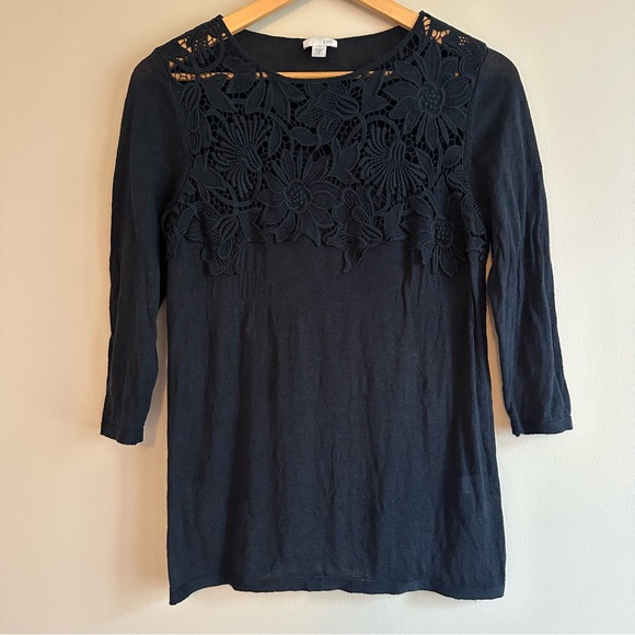 J. Jill Tops - J. Jill Floral Embroidered Top Women’s‎ Small Navy | 3/4 Sleeve Boho Lace Detail